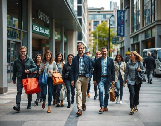 Workers walking in a New Zealand city street during daylight, representing labor force participation.