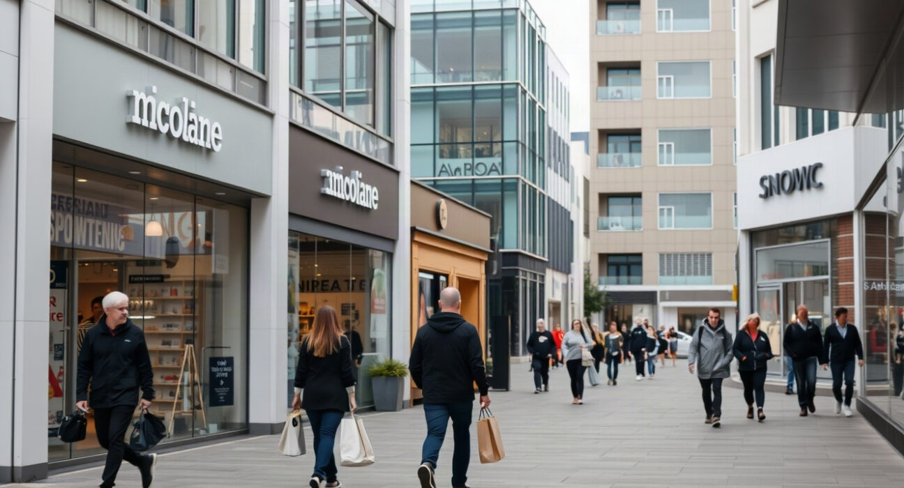 Shoppers on a New Zealand retail street with storefronts in the background