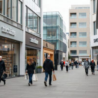 Shoppers on a New Zealand retail street with storefronts in the background