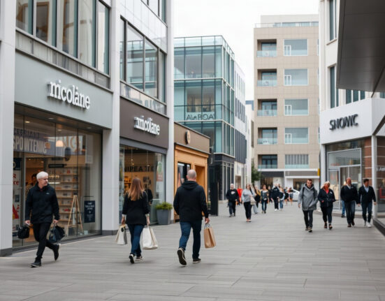 Shoppers on a New Zealand retail street with storefronts in the background