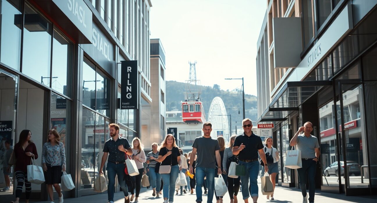 Shoppers on a busy retail street in Wellington, New Zealand, reflecting consumer spending growth in Q1 2025.