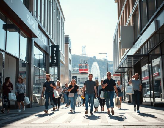 Shoppers on a busy retail street in Wellington, New Zealand, reflecting consumer spending growth in Q1 2025.