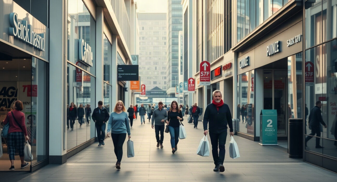 Shoppers on a New Zealand retail street with storefronts in the background