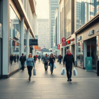 Shoppers on a New Zealand retail street with storefronts in the background