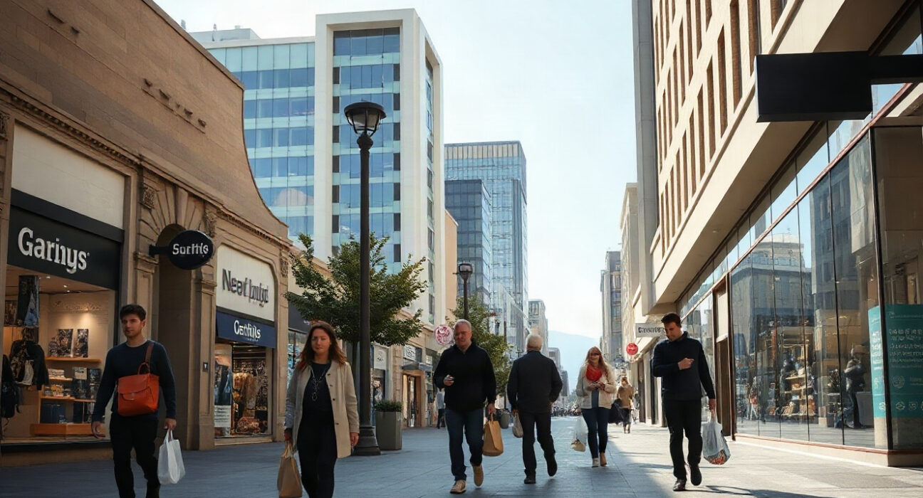 Shoppers walking on a New Zealand retail street with storefronts and bags, representing consumer spending in Q2 2024.