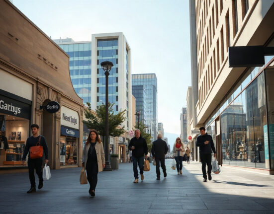 Shoppers walking on a New Zealand retail street with storefronts and bags, representing consumer spending in Q2 2024.