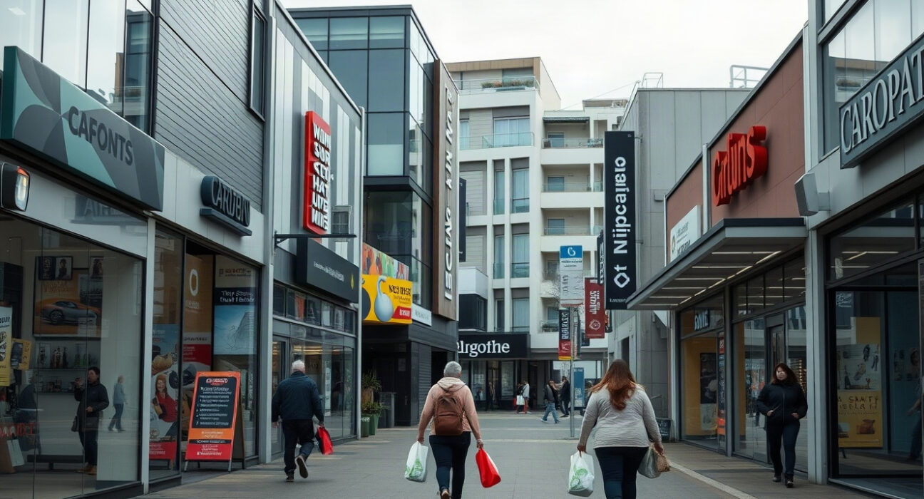Shoppers on a New Zealand retail street with stores and bags, reflecting consumer activity.