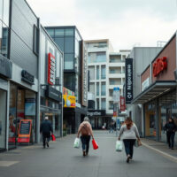 Shoppers on a New Zealand retail street with stores and bags, reflecting consumer activity.