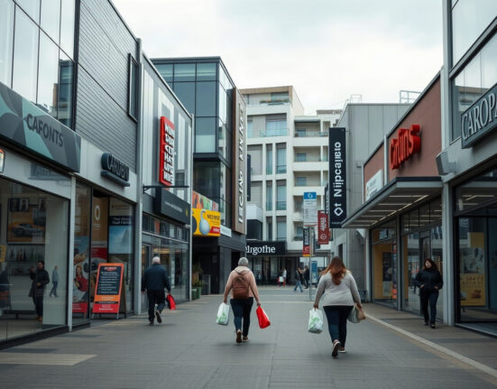 Shoppers on a New Zealand retail street with stores and bags, reflecting consumer activity.