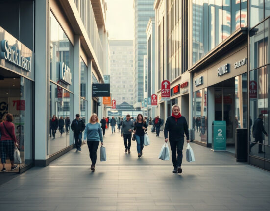 Shoppers on a New Zealand retail street with storefronts in the background
