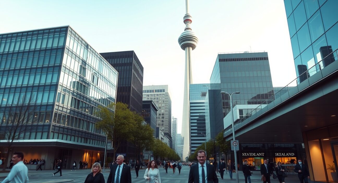 Auckland business district with Sky Tower on a clear day, symbolizing New Zealand's services sector stability.