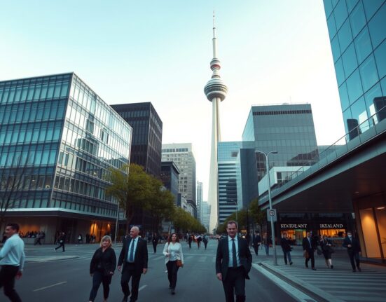 Auckland business district with Sky Tower on a clear day, symbolizing New Zealand's services sector stability.