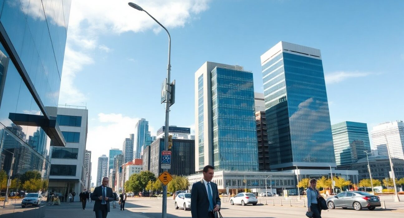 Auckland business district with professionals walking, symbolizing services sector activity in New Zealand.