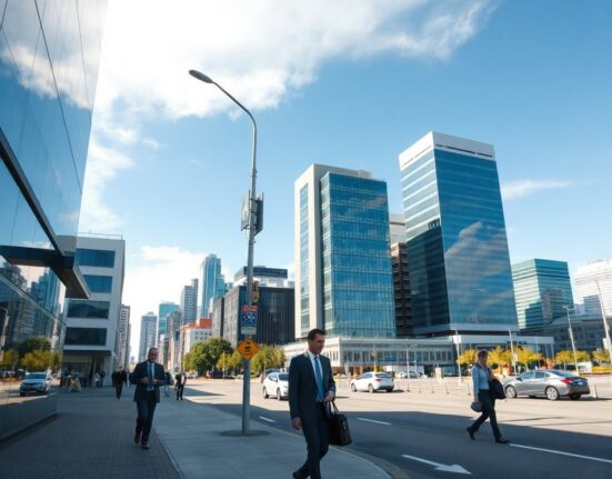 Auckland business district with professionals walking, symbolizing services sector activity in New Zealand.