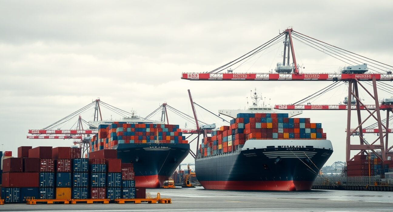 Aerial view of the Port of Auckland with container ships and cranes.