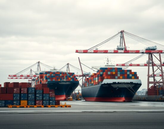 Aerial view of the Port of Auckland with container ships and cranes.