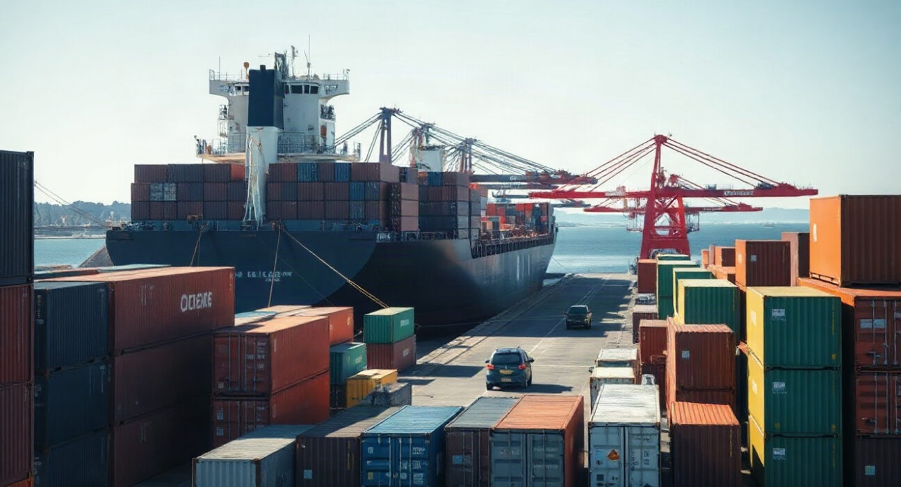 Container ship at the Port of Auckland in New Zealand, representing trade activity.