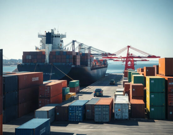 Container ship at the Port of Auckland in New Zealand, representing trade activity.