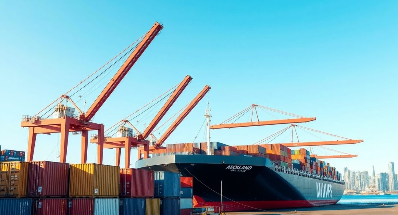 Cargo containers and a container ship at the Port of Auckland, New Zealand, representing trade activity.