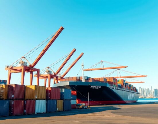 Cargo containers and a container ship at the Port of Auckland, New Zealand, representing trade activity.