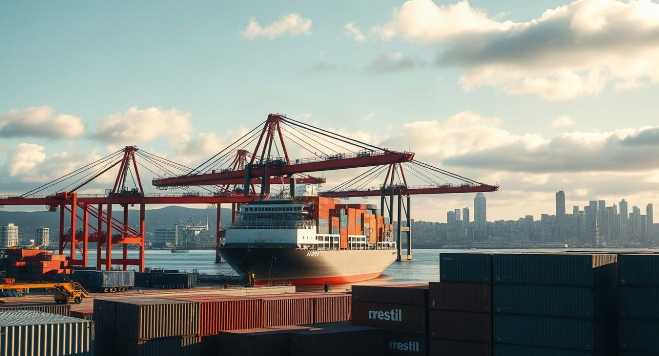 Container ship at Port of Auckland, New Zealand, symbolizing trade activity.