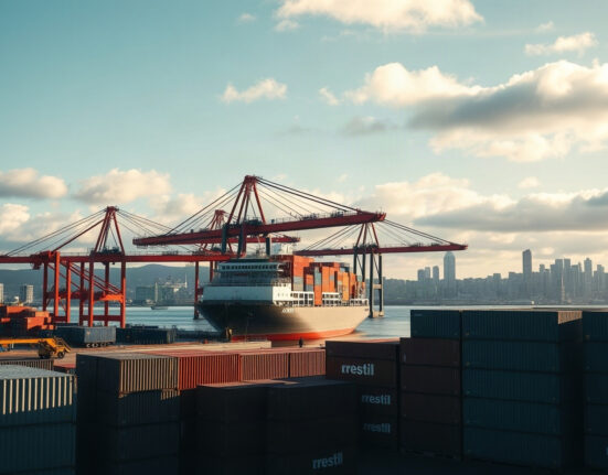 Container ship at Port of Auckland, New Zealand, symbolizing trade activity.