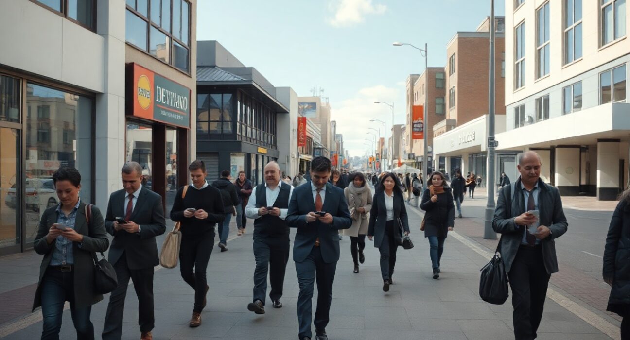 Overcast street scene in a New Zealand city with workers and shops, reflecting a cooling labor market.