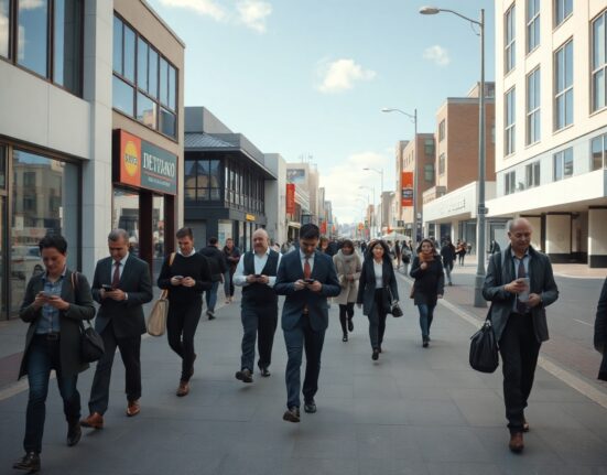 Overcast street scene in a New Zealand city with workers and shops, reflecting a cooling labor market.