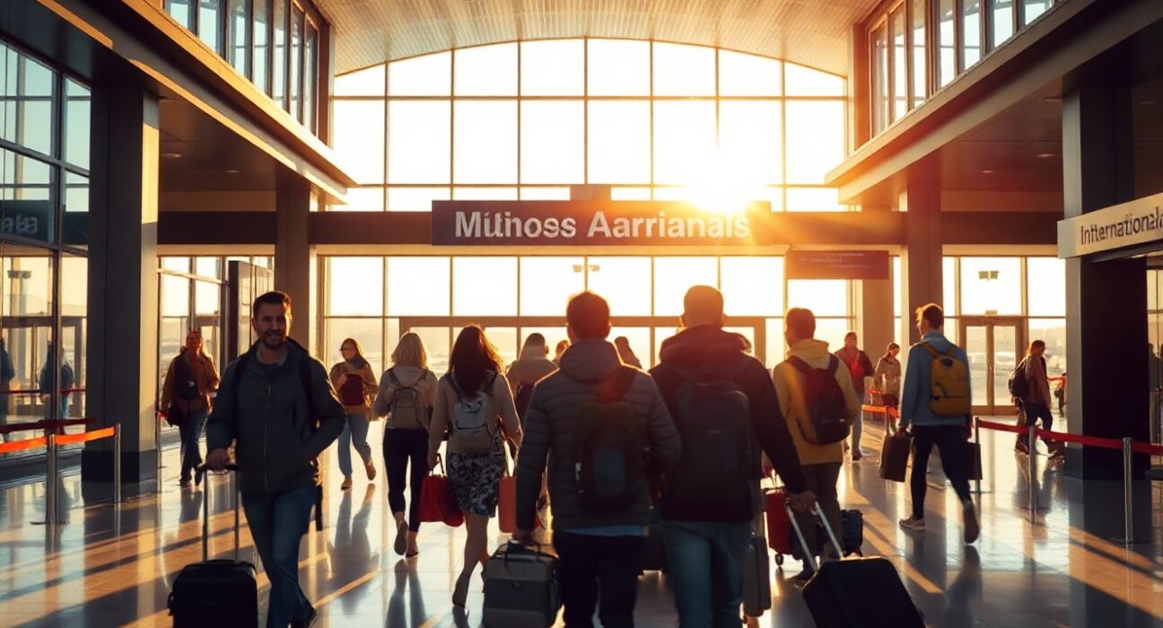 Travelers with luggage in a bright airport arrivals hall in New Zealand