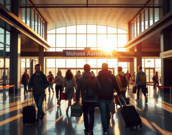 Travelers with luggage in a bright airport arrivals hall in New Zealand