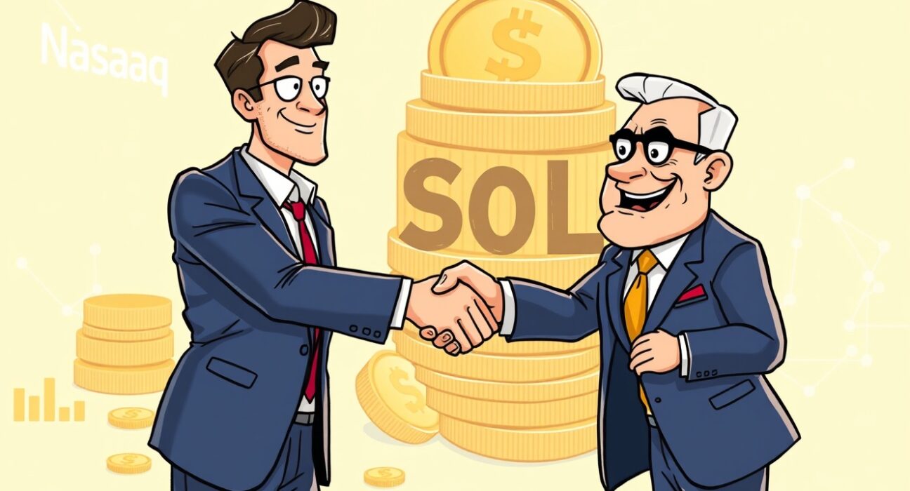 Cartoon illustration showing a company executive completing a strategic NewGen Solana acquisition, highlighting digital asset growth.
