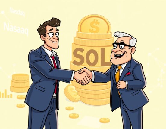Cartoon illustration showing a company executive completing a strategic NewGen Solana acquisition, highlighting digital asset growth.