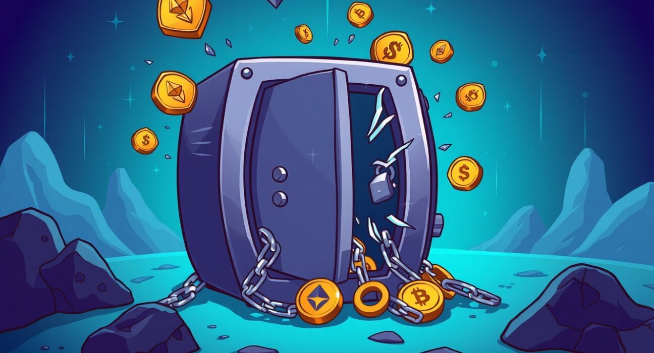 A cartoon illustration of a broken digital safe, symbolizing the devastating NewGold Protocol hack and the loss of cryptocurrency assets.