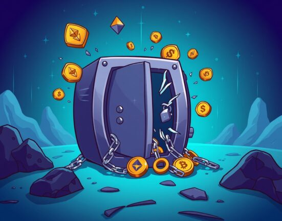 A cartoon illustration of a broken digital safe, symbolizing the devastating NewGold Protocol hack and the loss of cryptocurrency assets.