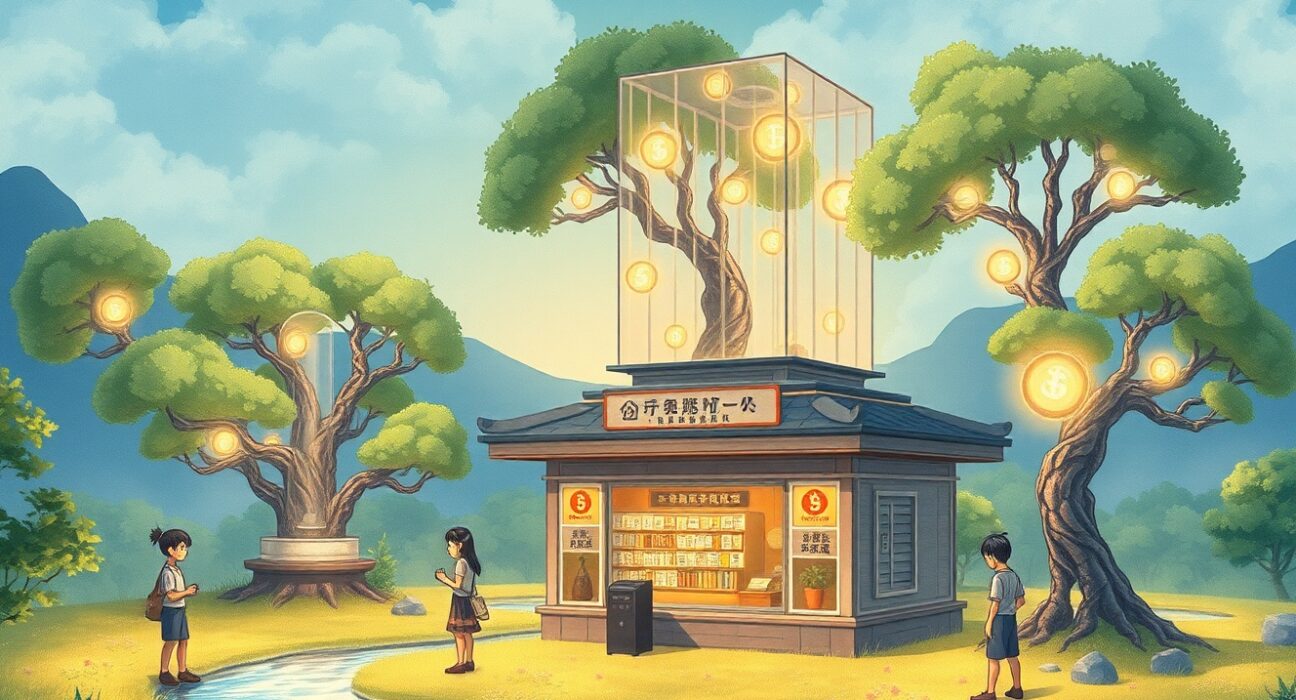 Newity's blockchain lending platform connecting small businesses to digital finance in a futuristic landscape.