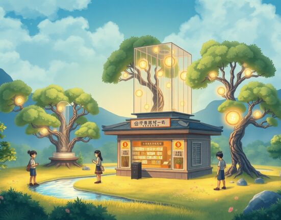 Newity's blockchain lending platform connecting small businesses to digital finance in a futuristic landscape.