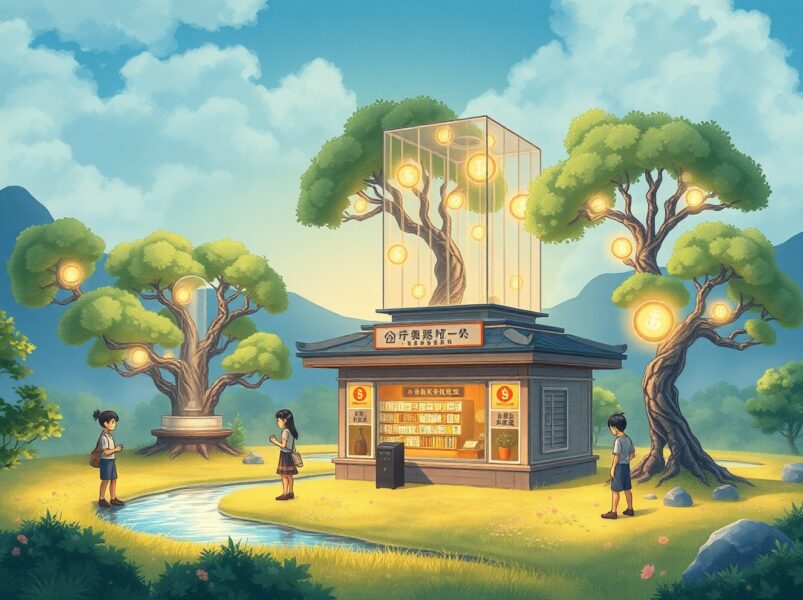 Newity's blockchain lending platform connecting small businesses to digital finance in a futuristic landscape.