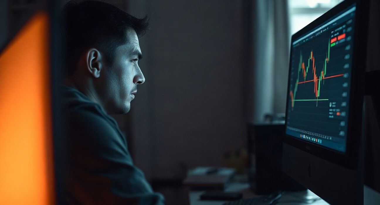 Investor reviewing crypto trading charts on a computer screen in a dimly lit room
