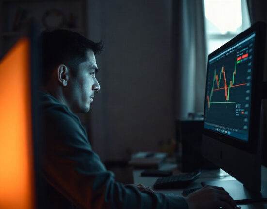 Investor reviewing crypto trading charts on a computer screen in a dimly lit room