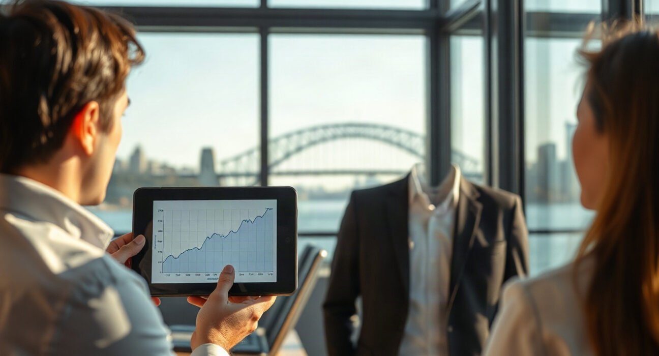 Financial advisor in Sydney presenting crypto-backed loan details on a tablet