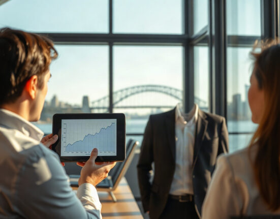 Financial advisor in Sydney presenting crypto-backed loan details on a tablet