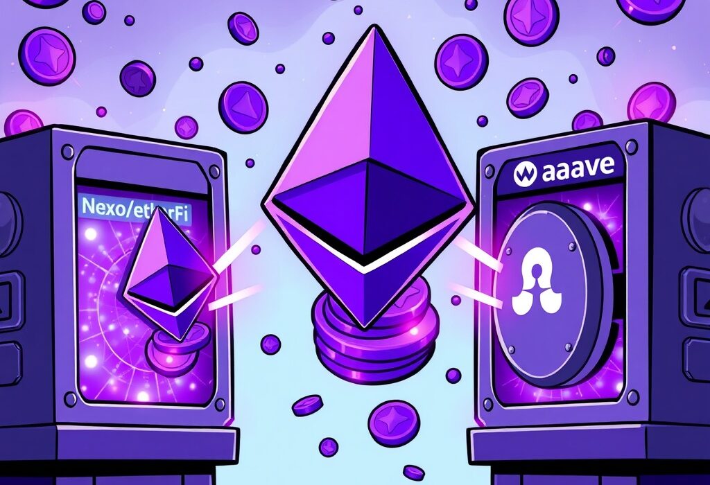 A cartoon illustration showing a significant Nexo ETH transfer between various crypto platforms, symbolizing large on-chain movements.