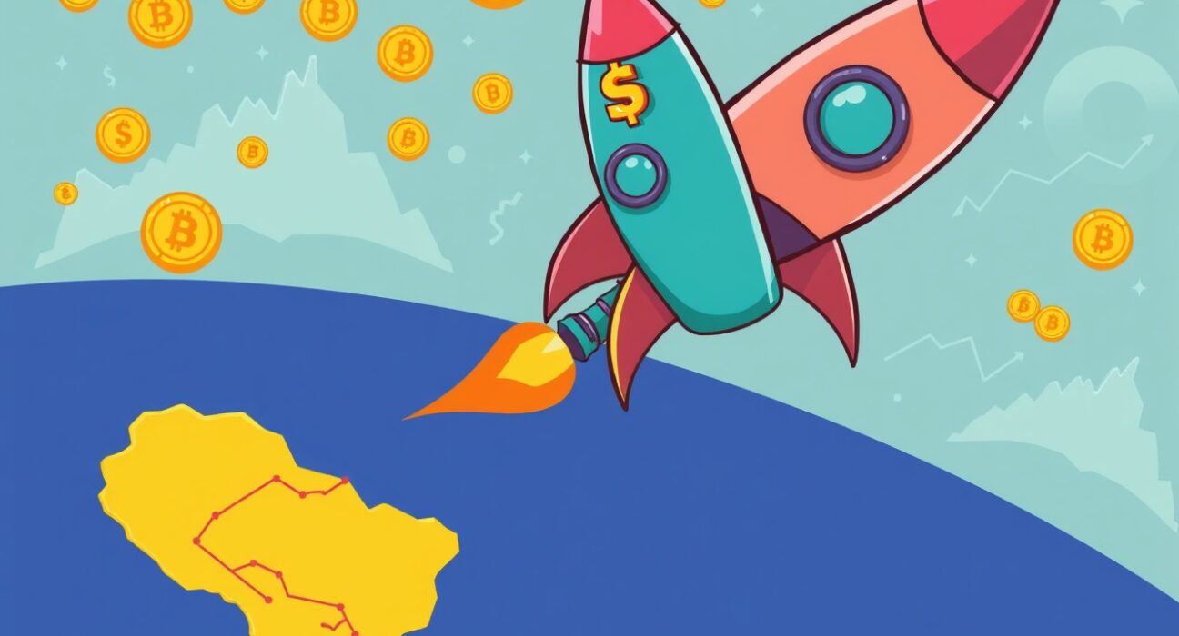 Nexo's South America expansion visualized as a rocket launch over the continent, symbolizing growth in crypto finance.