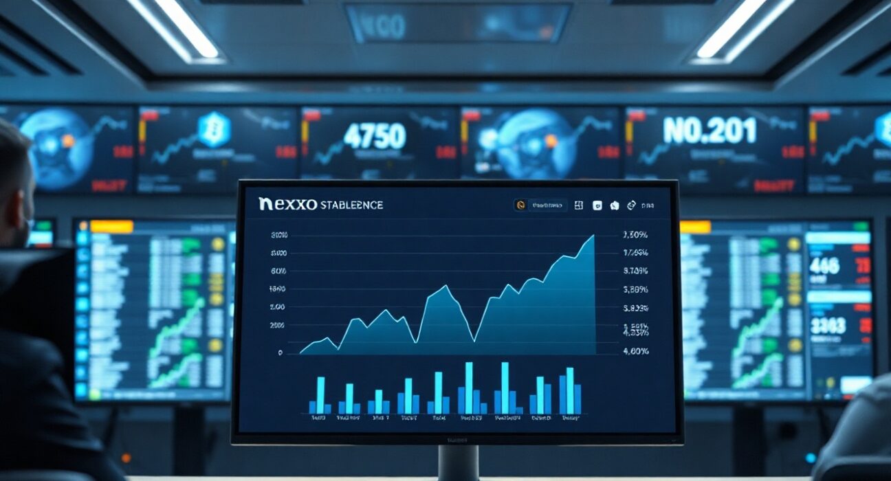 Digital dashboard showing rising stablecoin balance chart in a financial control room