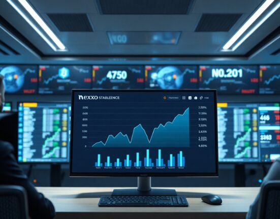 Digital dashboard showing rising stablecoin balance chart in a financial control room