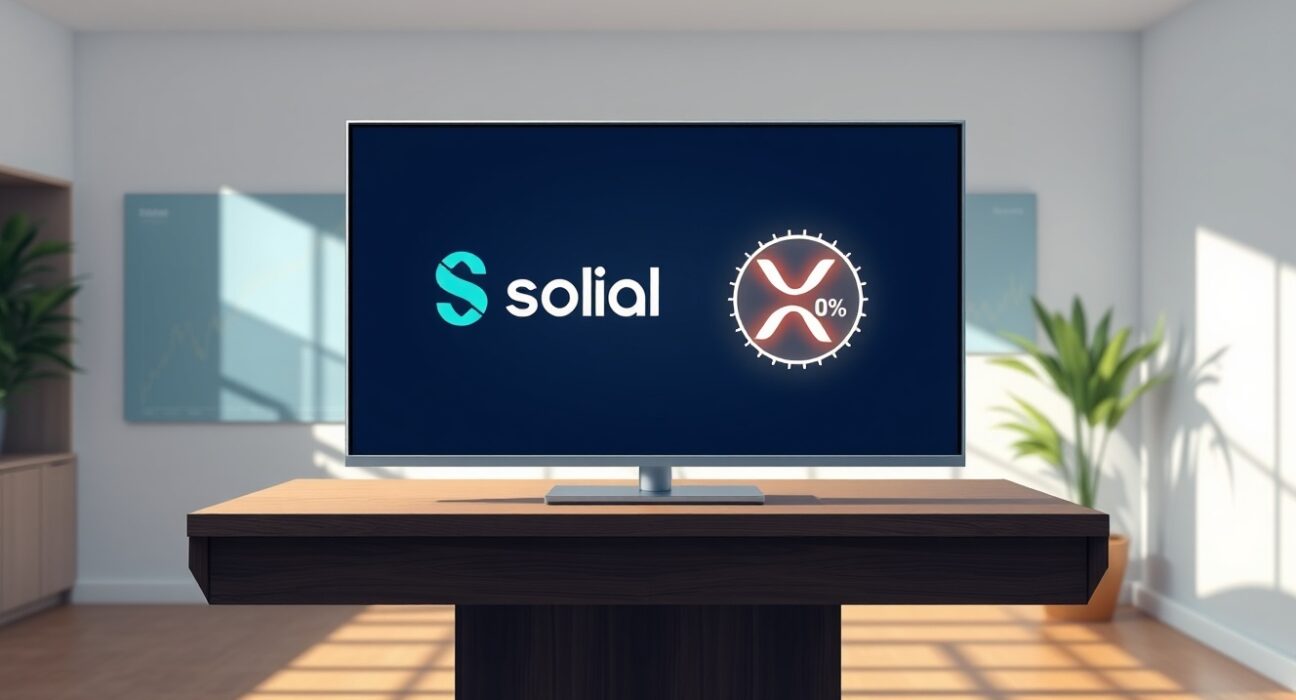 Nexo zero-interest loans feature SOL and XRP as collateral options on a digital display in a modern office.