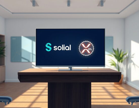 Nexo zero-interest loans feature SOL and XRP as collateral options on a digital display in a modern office.