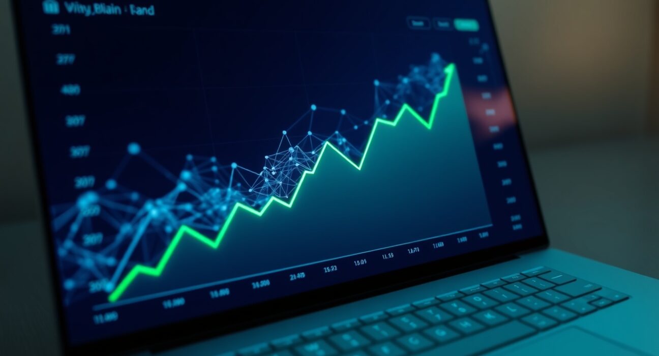 Digital dashboard showing a rising green graph line representing financial growth and a buyback program.