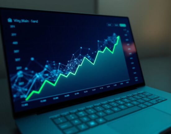 Digital dashboard showing a rising green graph line representing financial growth and a buyback program.