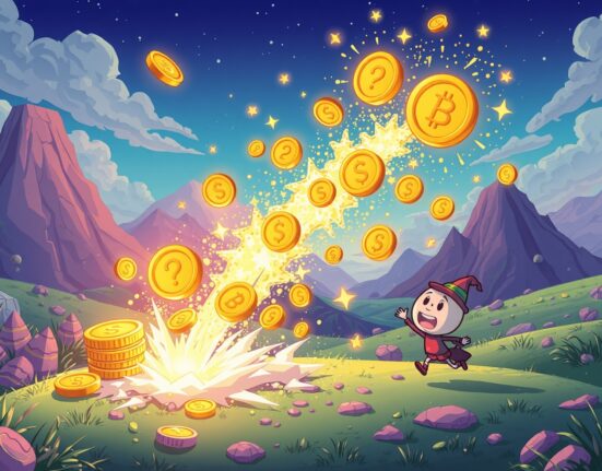 NXPC token burn transforming digital coins into sparkling magical dust in vibrant cartoon style